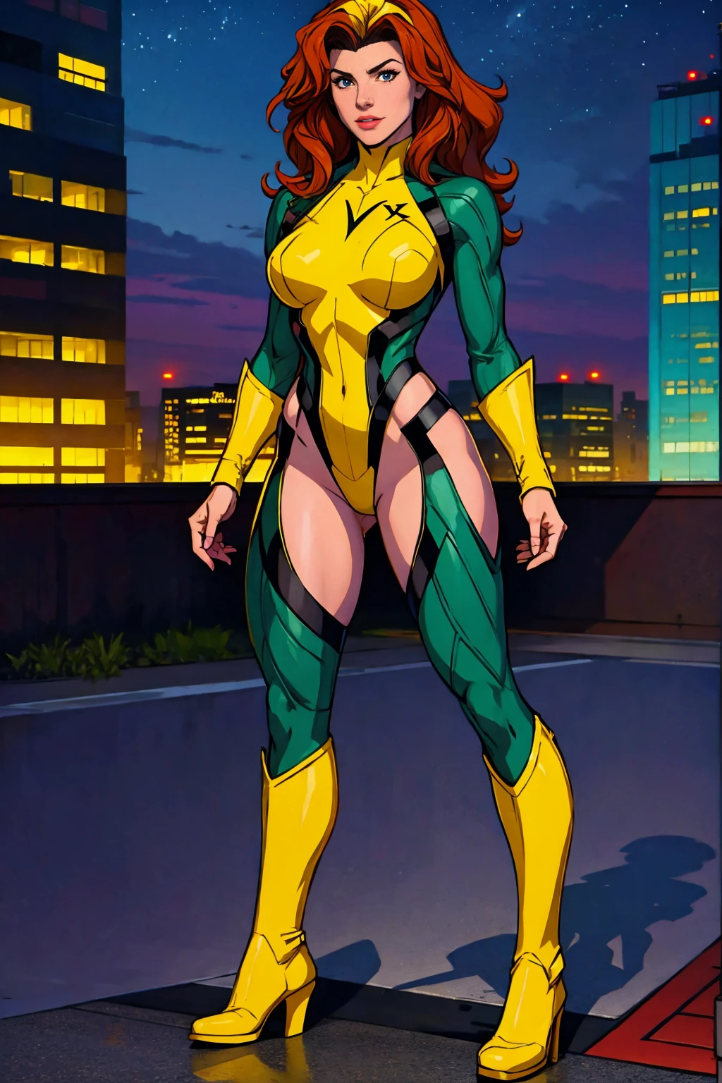 ((Full body photo, standing, feet on the floor)) (best quality,4k,8k,highres,masterpiece:1.2),ultra-detailed,(realistic,photorealistic,photo-realistic:1.37),full body shot,Rogue,X-Men,yellow thigh high boots,beauty pose, standing tall, show feet, outside, city rooftop at night, green headband