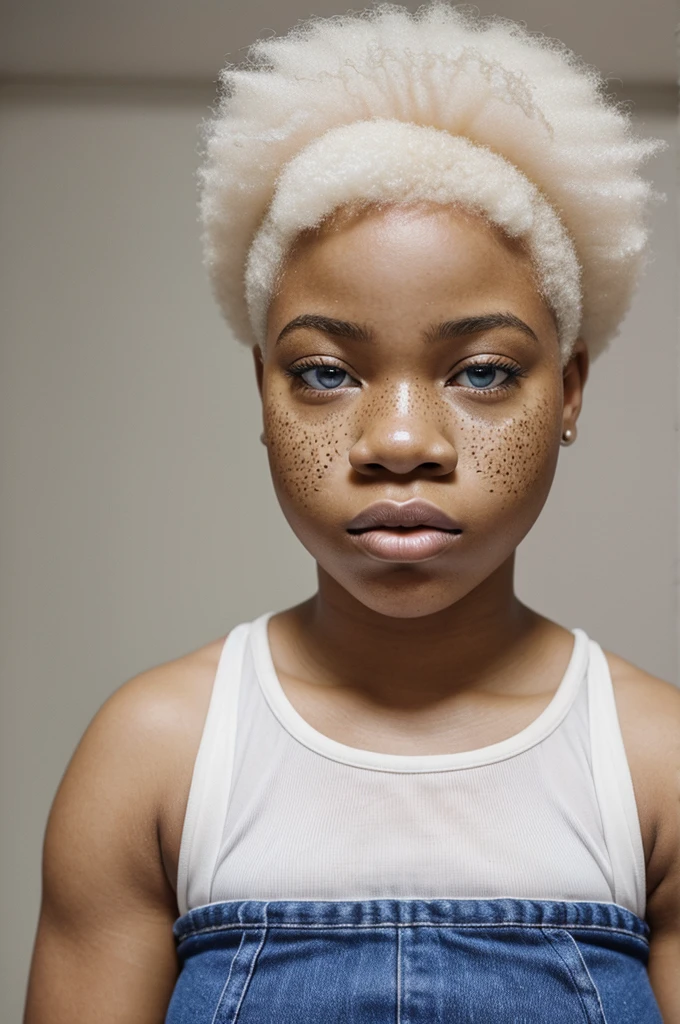 African American,Africa facial features,freckles ,manga style,Albino skin condition,big lashes,females,chubby curvy,big lips,tank top,shorts,afro hair,blue eyes,((Albino))(african features),Plump lips,plump body type{African American eoman}{Afro AFRO},butto nose, 1febake,1:15(rude expression)(ALBINO SKIN CONDITION) ((PALE WHITE SKIN))