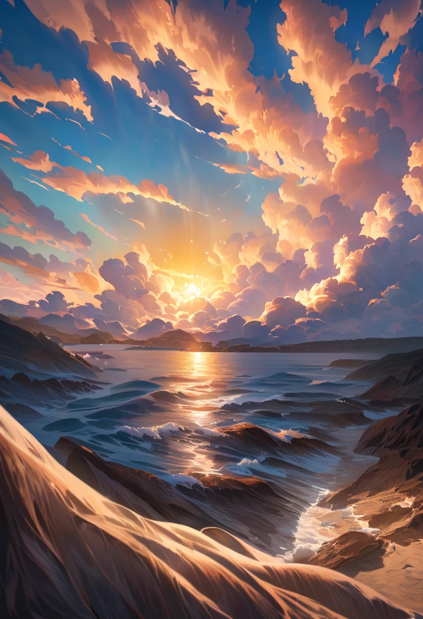 Summer harbor sunrise (Painterly Style), realistic, highly photorealistic, meticulously detailed, breathtakingly realistic, high contrast realism, saturated realism, vibrant colors, dramatic lighting, captivating landscape, compelling storytelling, atmospheric scenes, captivating stunning visuals, intricate detail, powerful emotion, ethereal beauty, dreamlike worlds