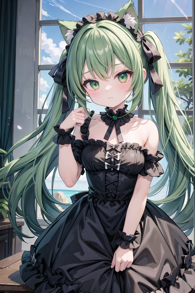 Super Deformed green hair Cat ears Curly hair Gothic ta BIG ribbon heart