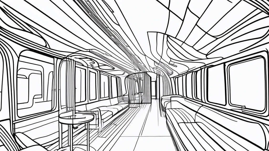 Minimal draft line drawing, thin lines, punchy touch, white train interior