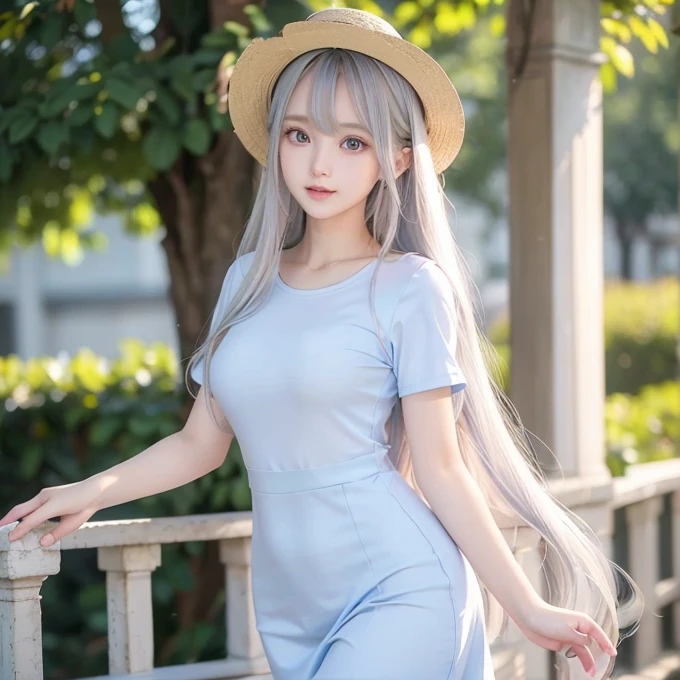 silver shiny hair、Super long straight silky hair、Dazzling blonde super long silky hair、16 years old cute little beautiful face、A beautiful girl、Sparkling blonde dancing in front of a pretty face、Long, silky bangs that cover the space between the eyes、Very beautiful, bright, large, light blue eyes、Very big eyes、Hair that hides the face、Sexy pretty young woman with super long bangs、Very white skin、Cheek gloss highlighter、Small Face Beauty、Round face、Cute Shirts、Ample Bust, embarrassed face、Skinny jeans and t-shirt、Smiling Face、One piece dress and straw hat