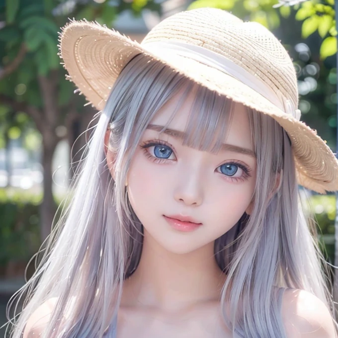 silver shiny hair、Super long straight silky hair、Dazzling blonde super long silky hair、 cute little beautiful face、A beautiful girl、Sparkling blonde dancing in front of a pretty face、Long, silky bangs that cover the space between the eyes、Very beautiful, bright, large, light blue eyes、Very big eyes、Hair that hides the face、Sexy pretty young woman with super long bangs、Very white skin、Cheek gloss highlighter、Small Face Beauty、Round face、Cute Shirts、Ample Bust, embarrassed face、Skinny jeans and t-shirt、Smiling Face、One piece dress and straw hat