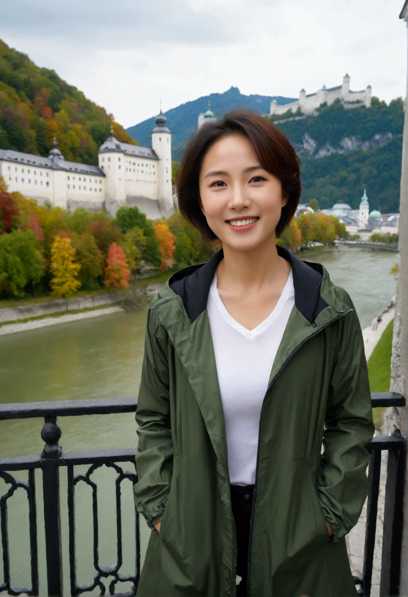 high quality, 1 woman, ((36-year-old healthy Korean woman)), ((36 years old)), 1 woman, eyes are big and beautiful. ((slim)), ((short medium hair)), Smile. pose: standing, windbreaker jacket, background:Your residence is a baroque townhouse with a plaster façade and wrought iron railings.., autumn, Maple, Overlooking the Salzach River and Hohensalzburg Fortress, looking slightly up, 1 woman, Full body shot with Canon 16-34 wide angle lens, river view