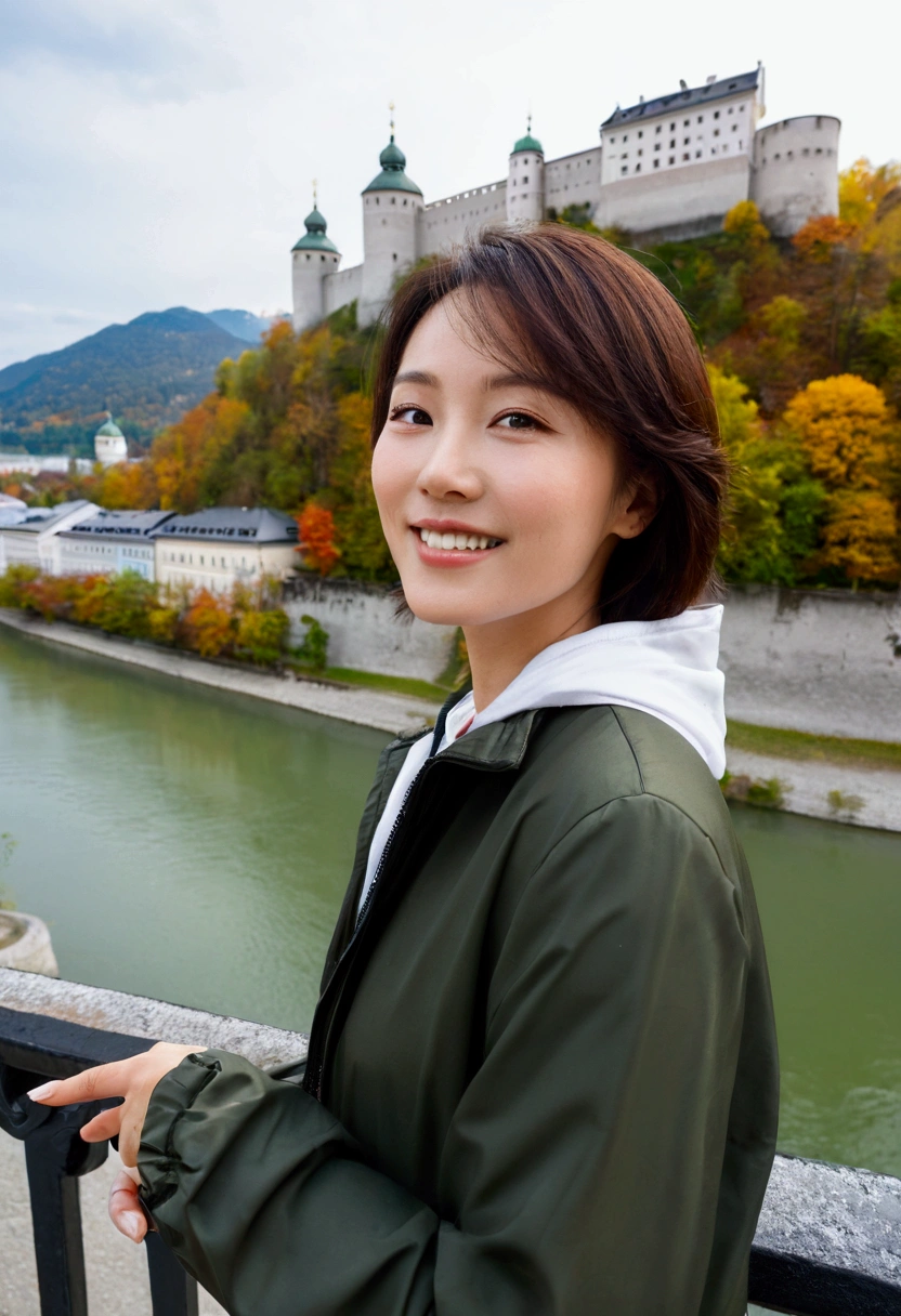 high quality, 1 woman, ((36-year-old healthy Korean woman)), ((36 years old)), 1 woman, eyes are big and beautiful. ((slim)), ((short medium hair)), Smile. pose: standing, windbreaker jacket, background:Your residence is a baroque townhouse with a plaster façade and wrought iron railings.., autumn, Maple, Overlooking the Salzach River and Hohensalzburg Fortress, looking slightly up, 1 woman, Full body shot with Canon 16-34 wide angle lens, river view