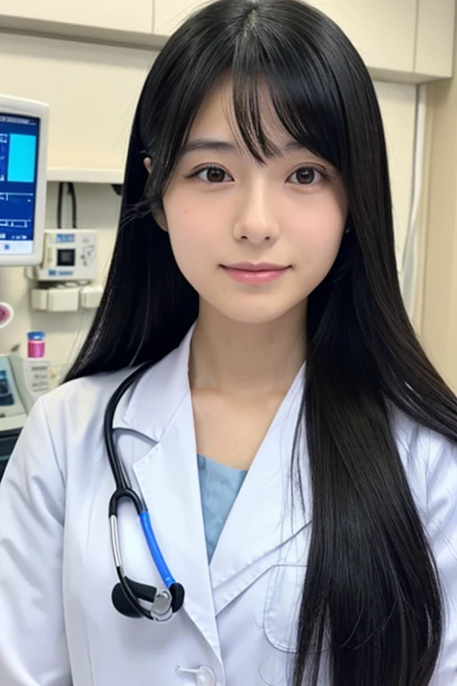 Japanese girl with long black hair, with doctor uniform in hospital