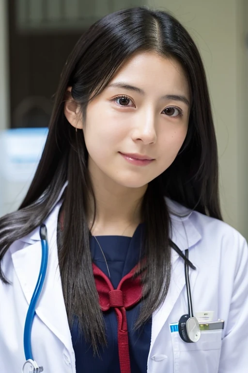 Japanese girl with long black hair, with doctor uniform in hospital 