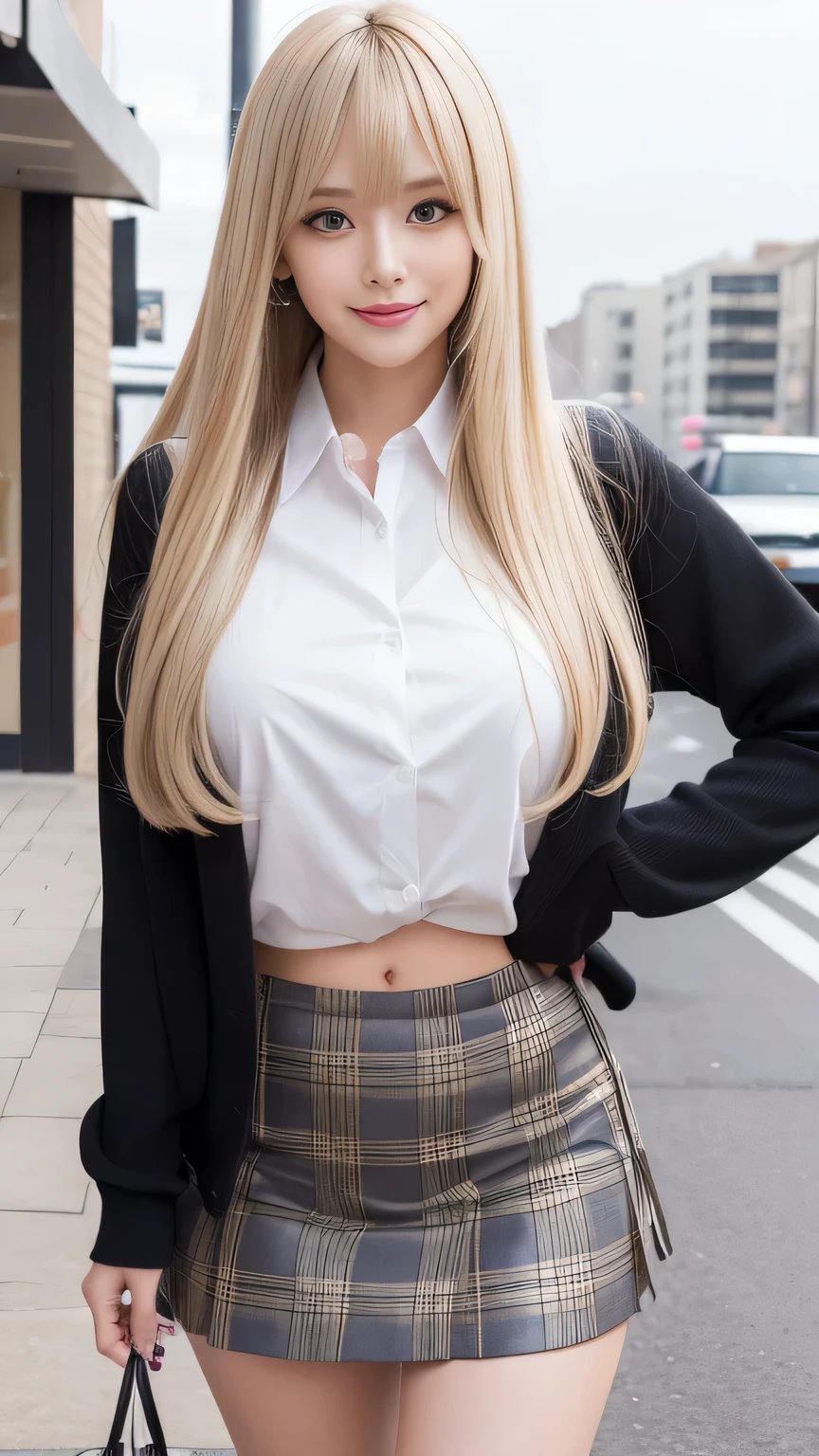 Sexy big ,26 year old beautiful girl is sexy and cute & Cute beautiful sexy face, A strong wind blows my hair in front of my face,Beautiful super long metallic blonde straight hair、Beautiful, cute and sexy eyes hidden behind long bangs、Belly button shirt、Very short yellow plaid miniskirt、Turn around and look at me with a smile、