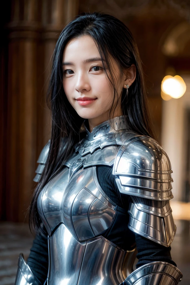 1girl, armor, black_hair, blurry, blurry_background, blurry_foreground, breasts, blue_eyes, closed_mouth, depth_of_field, earrings, jewelry, long_hair, looking_at_viewer, smile, solo, upper_body