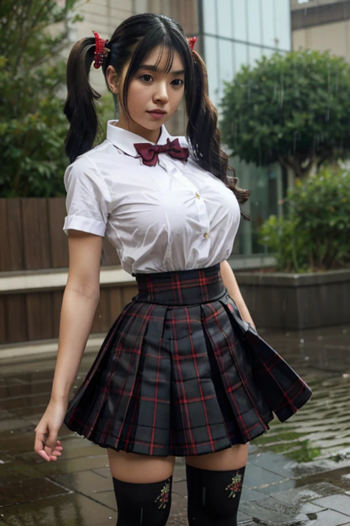 LingX,black hair,twintails,brown eyes,hair ornament, pantyhose (insanely detailed, masterpiece, best quality),solo, steam , rain , plaid skirt , pleated skirt , Tight shirt , white Shirt , school girl , red bow , red knot ,