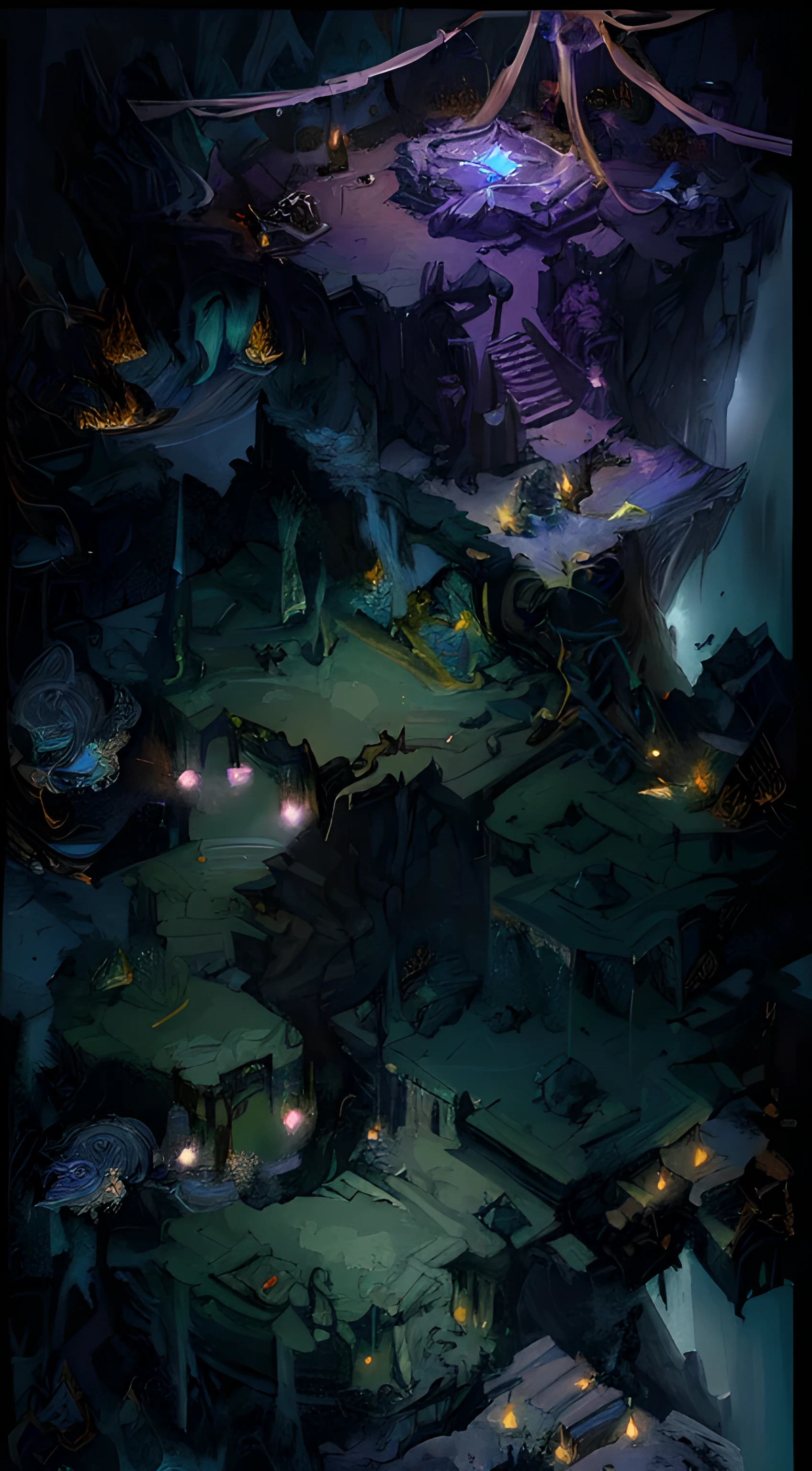 (masterpiece, Top quality, best quality, Official Art, beautiful and aesthetic:1.2), A dark and mysterious underground cave，Full of relics、Stone Altar、Torch lighting and vine-covered stonework and walls，The top floor has a stone coffin， magical fantasy 2 d Concept Art, Detailed digital 2D fantasy art, luminescent Concept Art, intricate and epic Concept Art, painted as a game Concept Art, dark Concept Art, Isometric Game Art, Detailed game art, ultra Detailed game art, Concept Art, Concept Art