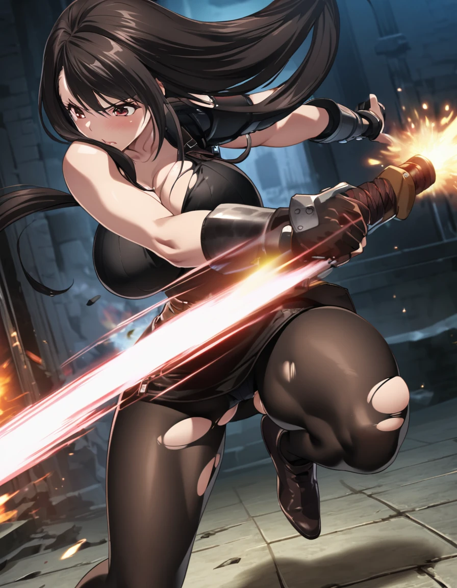 Final Fantasy 7 Tifa Lockhart　　Indoor at night　sexy　Wearing black pantyhose　Wearing a mini skirt、Wearing black clothing、Big Breasts、Stylish、The moment when the clothes are torn during an attack、Coming under attack、Damage、Thin legs、Black long hair、bare hands