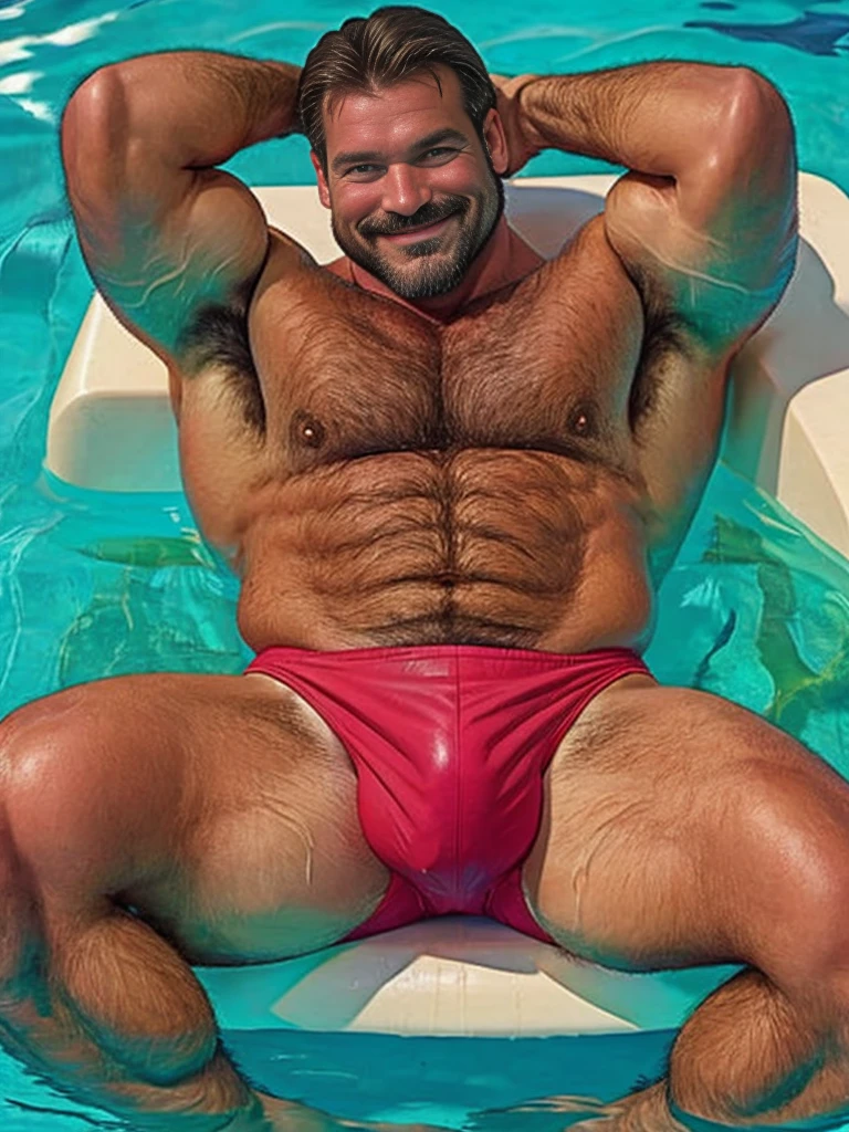 (handsome mature man), (50 yo), white man, wearing a speedo, wet speedo, wet dripping crotch, at a pool, sundown, bulge, (beefy:1.3), beard, looking at viewer, beautiful man, detailed eyes, symmetric face, smirk, robust, greying hair, longer hair, hairy pectorals, sitting at the pool edge, legs open, nice bulge, nicebulge, lying back, smiling, water droplets glistening on his skin