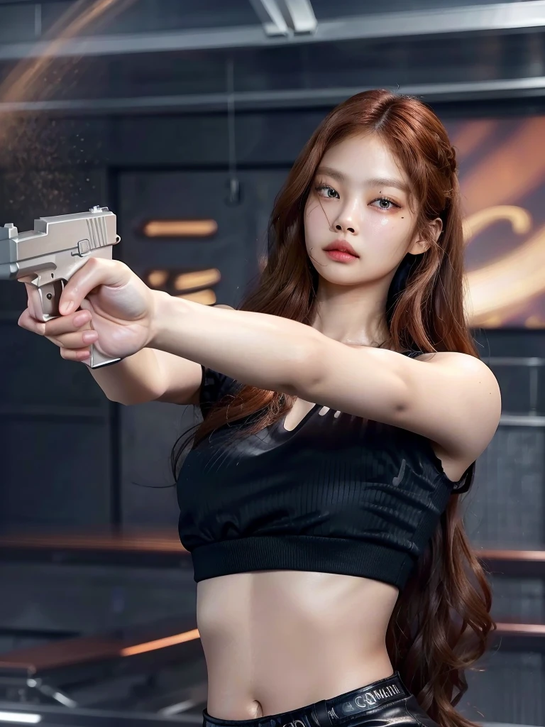 cara de Jennie Kim, full lips, large eyes, wavy hair, curly hair, wavy, copper hair, tanned skin, realist, photorealist, high quality, 8k, HDR. holding a gun in a black top