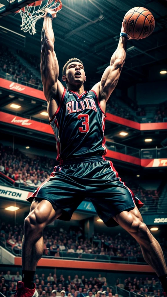 A basketball player making a powerful dunk shot, detailed realistic 3D rendering, dramatic motion blur, dynamic camera angle, muscular physique, intense facial expression, neon sports arena, ultrarealistic lighting, vibrant colors, cinematic depth of field, dramatic shadows, crowd cheering in background