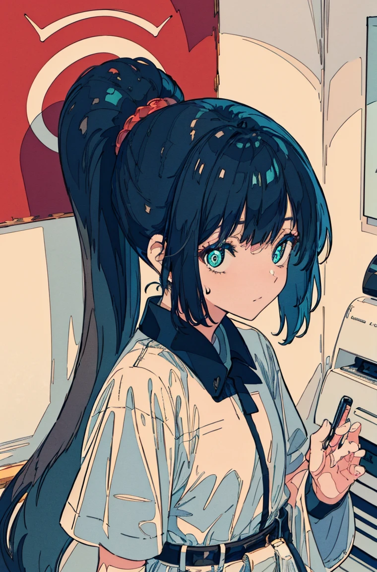 A masterpiece,Adult women,Dark blue hair,Side face,Hair smoothness,calm,Cyan pupils,Font,poster,jump,Ponytail,White shirt,Dress fashionably,Standing picture,laid back,best quality, Illustration style,Large aperture portrait, cartoon, beautiful eyes, summer,, small, Heartwarming, Youthful and beautiful,,Regular Clothes,Black and white,, showing a natural casual style. Dynamic posture contains the golden ratio, China, White space, Strong contrast between light and shadow, Super texture, Super clear and concise pictures, presenting extremely beautiful,subtle facial expressions