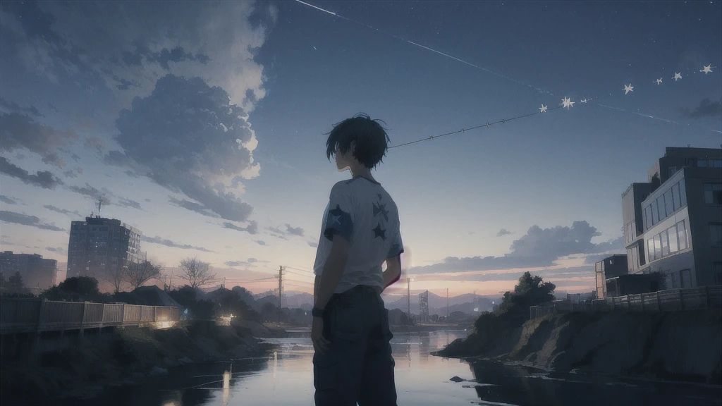 真っ暗なnight空,Octane, star (null), scenery, Blue parakeet,The acoustic guitar is in front of the body.,star, night, A girl and a boy standing back to back, Back view, alone, Outdoor, city,river,Blue parakeet,building, cloud, 天のriver,silhouette
