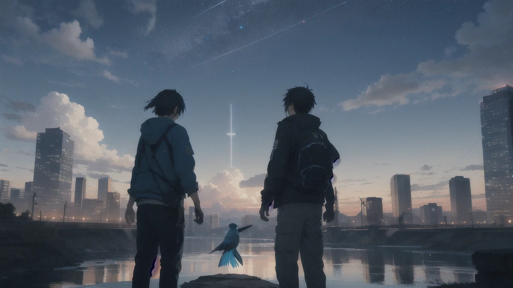 真っ暗なnight空,Octane, star (null), scenery, Blue parakeet,The acoustic guitar is in front of the body.,star, night, A girl and a boy standing back to back, Back view, alone, Outdoor, city,river,Blue parakeet,building, cloud, 天のriver,silhouette