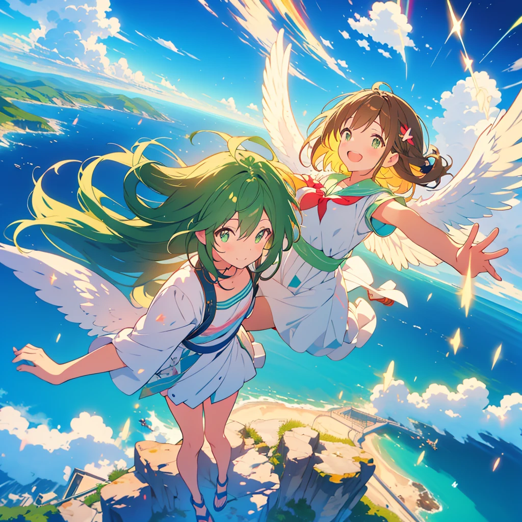 kawaii, anime, Cute, hyper quality, highly detailed, 8k, Front facing, Clarity, brown long hair, green eyes, smile, whole body, heaven, Rainbow colored wings on the back, particles of light, sky background, flapping its wings, Pose with movement, Fantastic, heaven, fantasy, water, Clearly depict facial expressions, fly into the sky, Richly colored, above the sky, Heaven, above the clouds, Composition overlooking the ground, look up at the sky, island country, sparkling sea, sparkling light, dancing in the air, fly off the ground, far away from the ground, jump,