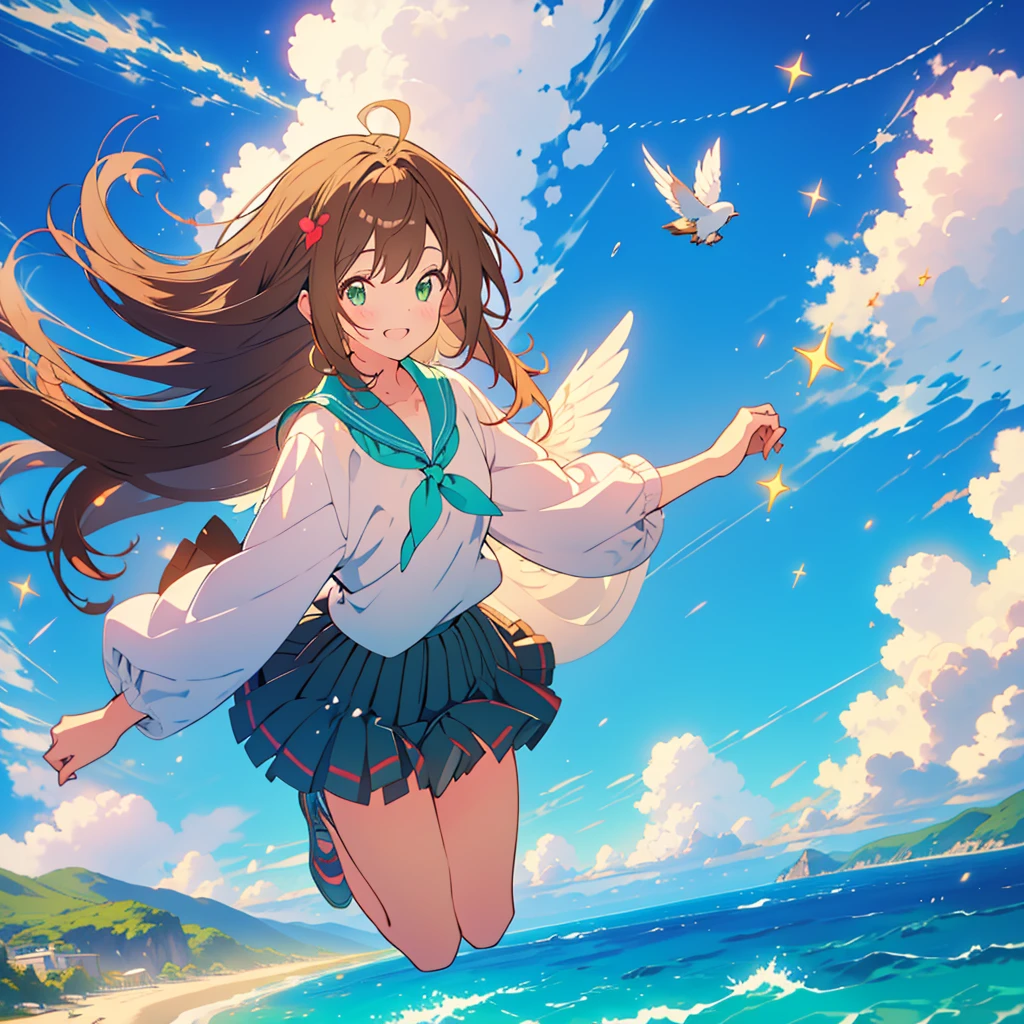 kawaii, anime, Cute, hyper quality, highly detailed, 8k, Front facing, Clarity, brown long hair, green eyes, smile, whole body, heaven, Rainbow colored wings on the back, particles of light, sky background, flapping its wings, Pose with movement, Fantastic, heaven, fantasy, water, Clearly depict  expressions, fly into the sky, Richly colored, above the sky, Heaven, above the clouds, Composition overlooking the ground, look up at the sky, island country, sparkling sea, sparkling light, dancing in the air, fly off the ground, far away from the ground, jump,