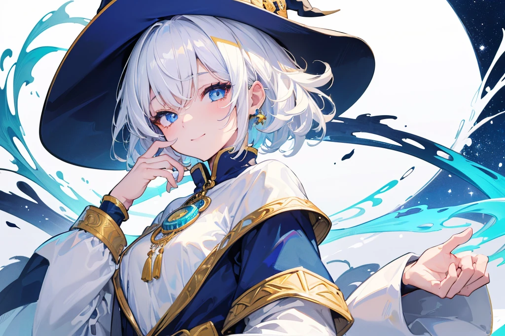 (Highest quality)　(4K)　(8K)　(High resolution)　(masterpiece:1.2)　(Super detailed)　One girl　short hair　witch　The right eye is blue and the left eye is yellow　Long sleeve　Golden decoration　(White Background)　Hair between the eyes　Closed Mouth　White Dress　Blue fur　Wavy Hair　Upper Body　White Hair　Blue hat　smile　Close one eye