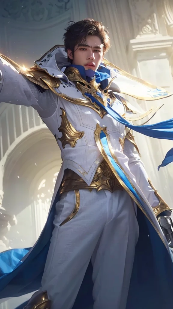 realistic portrait, 1 boy, beautiful detailed eyes, beautiful detailed lips, extremely detailed face and features, detailed high quality, highly detailed, cinematic lighting, dramatic lighting, volumetric lighting, ornate gold paladin armor, blue cape, white suit, dramatic pose, hyperrealistic, 8k, high quality, depth of field, photorealistic