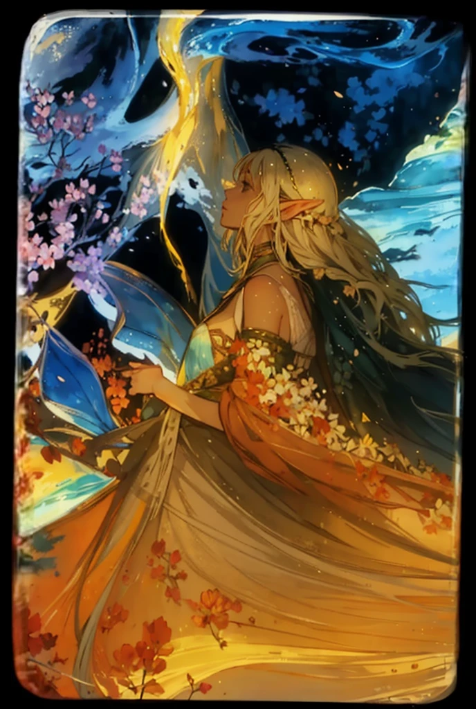 There is a profile of a beautiful female elf in the middle,Falling flowers, distant mountains, sky, clouds,Sparkling water,terrain changes,The colors are distinct and blended,Clear changes in light and shadow,Silky smooth and delicate watercolor painting