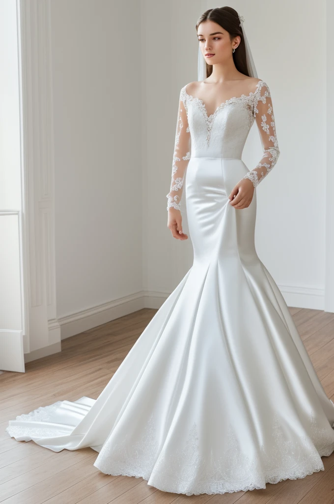 Best quality, 8k, 32k, Masterpiece, Masterpiece, (Photorealistic: 1.4), RAW photo, ultra realistic, 1girl, Fashion model, Wearing a long sleeves mermaid wedding dress, satin fabric, full length view, pose Stand upright in white room with a minimalist design, featuring white walls and a clean, modern aesthetic.