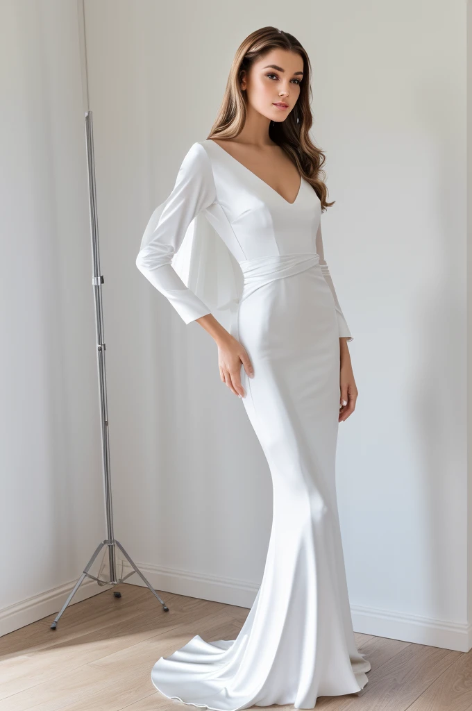 Best quality, 8k, 32k, Masterpiece, Masterpiece, (Photorealistic: 1.4), RAW photo, ultra realistic, 1girl, Fashion model, Wearing a long sleeves mermaid wedding dress, satin fabric, full length view, pose Stand upright in white room with a minimalist design, featuring white walls and a clean, modern aesthetic.