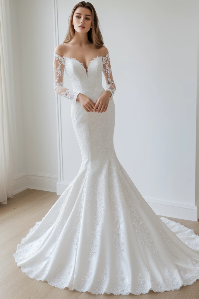 Best quality, 8k, 32k, Masterpiece, Masterpiece, (Photorealistic: 1.4), RAW photo, ultra realistic, 1girl, Fashion model, Wearing a long sleeves mermaid wedding dress, satin fabric, full length view, pose Stand upright in white room with a minimalist design, featuring white walls and a clean, modern aesthetic.