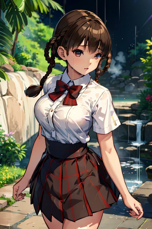 ((ultra detailed, masterpiece, absurdres)) DOALeiFang, 1girl, brown hair, brown eyes, twin braids, hair rings, portrait , steam , rain , plaid skirt , pleated skirt , Tight shirt , white Shirt , school girl , red bow , red knot ,