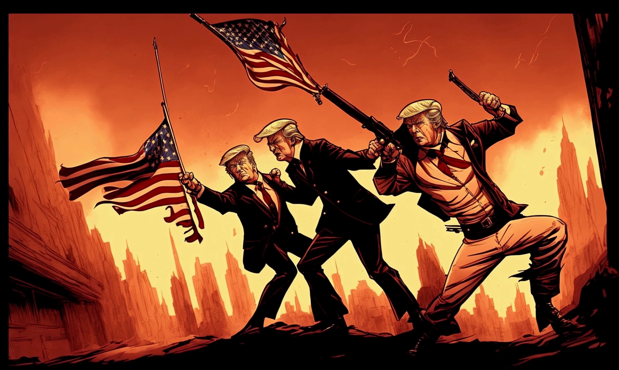 A dramatic comic book style illustration，Depicting the assassination of former US President Donald Trump。He stood under the American flag，Raise your fist in protest，Shouting &quot;Fight！”。There was a determined look on his face.，The wound and blood on the right ear are clearly visible。Secret Service agents surrounded him，One of the agents is backing him up.。The scene is tense and full of action，Captured a crucial and touching moment。