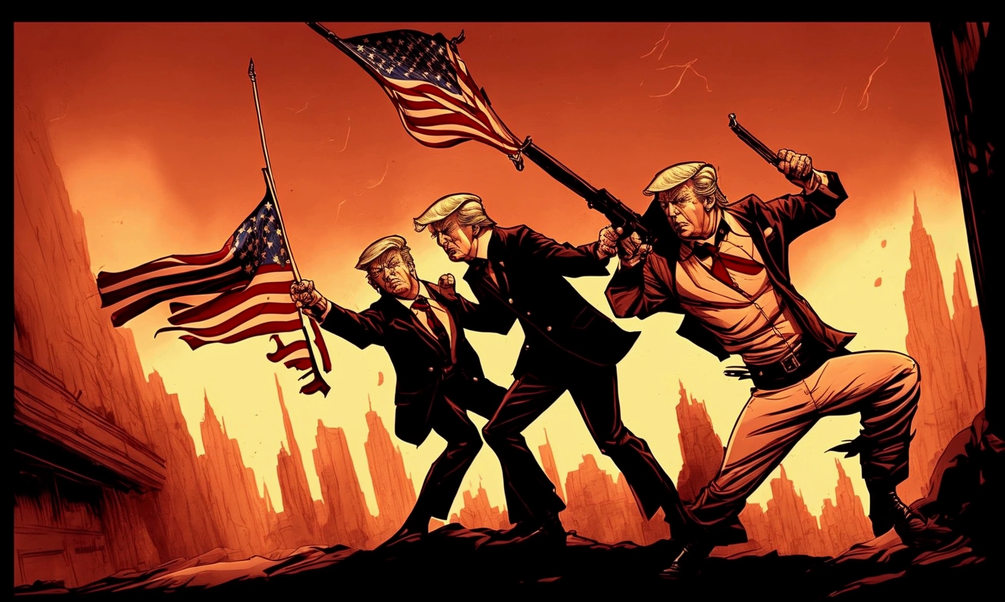 A dramatic comic book style illustration，Depicting the assassination of former US President Donald Trump。He stood under the American flag，Raise your fist in protest，Shouting &quot;Fight！”。There was a determined look on his face.，The wound and blood on the right ear are clearly visible。Secret Service agents surrounded him，One of the agents is backing him up.。The scene is tense and full of action，Captured a crucial and touching moment。