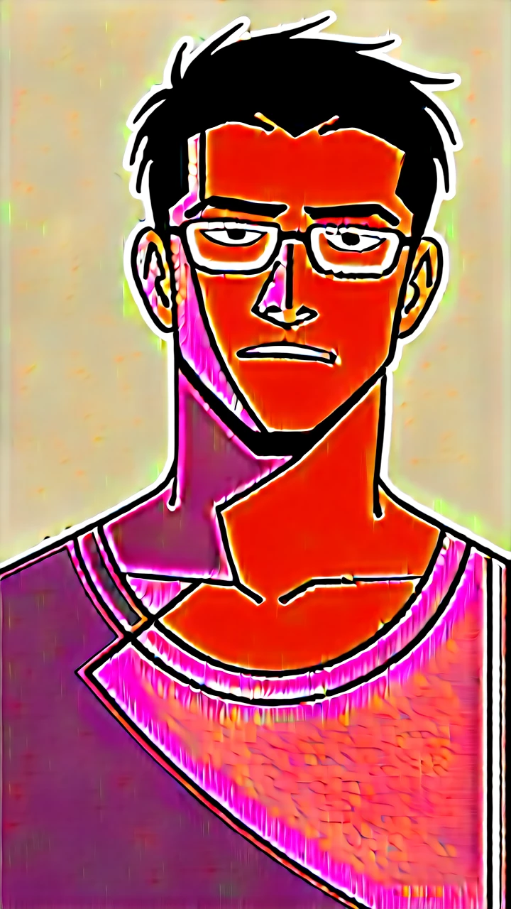 A man with Black hair with a short middle part and the ends of his hair is red, has red eyes and plus-shaped pupils, wears rectangular glasses With the frame below empty, he has a handsome, soft and kind face, he wears a white shirt and a gray vest, his appearance looks like a college student,,He looked at the camera with his gentle face