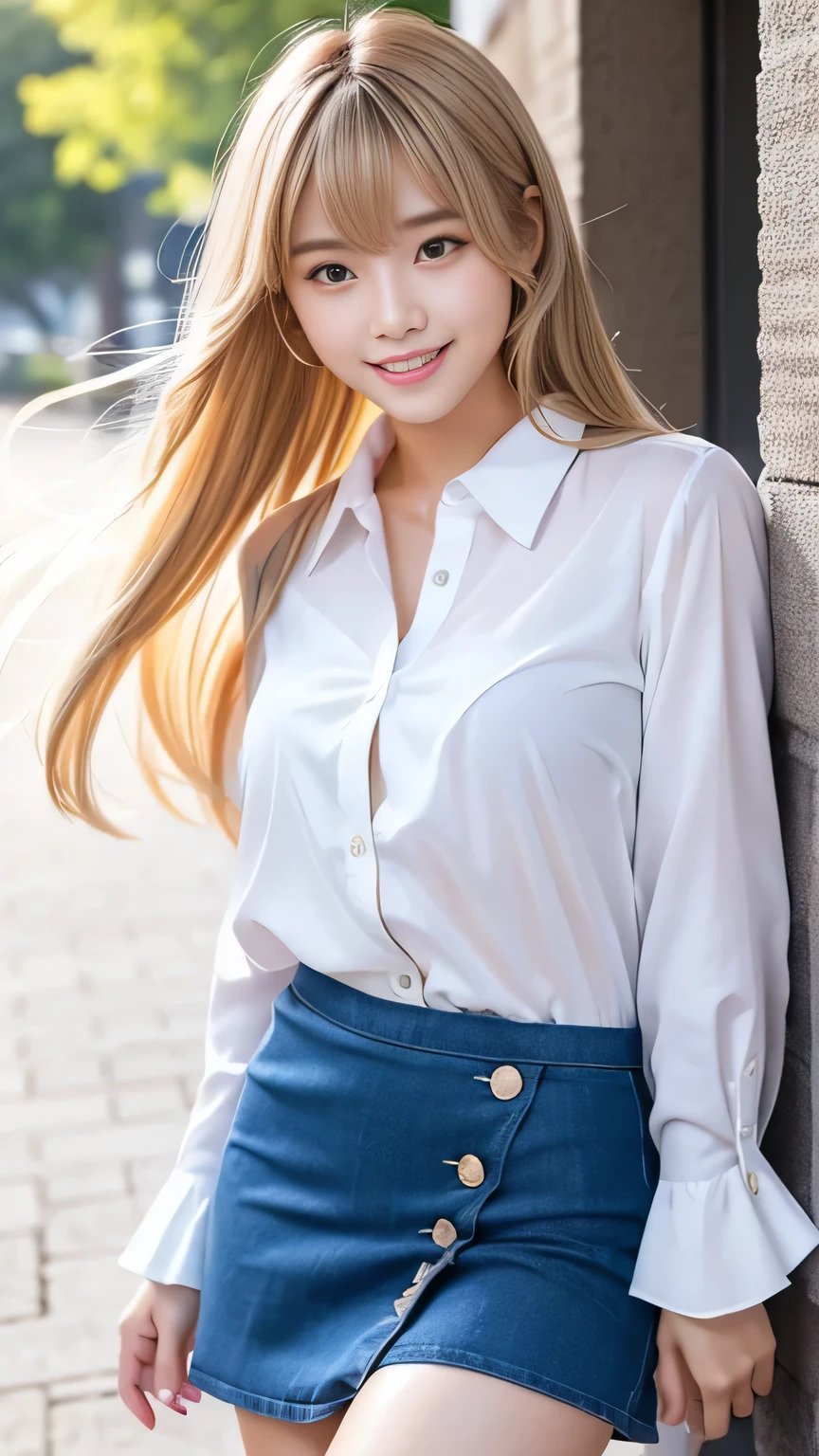 sexy big breasts,A 15-year-old beautiful girl looks sexy and cute & cute beautiful sexy face, The strong wind blows the hair in front of my face,Beautiful super long metallic blonde straight hair with beautiful cute and sexy eyes hidden behind long bangs、Navel Shirt、very short mini skirt、Turn around and look at me with a smile、