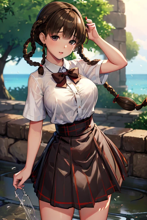 ((ultra detailed, masterpiece, absurdres)) DOALeiFang, 1girl, brown hair, brown eyes, twin braids, hair rings, portrait , steam , rain , plaid skirt , pleated skirt , Tight shirt , white Shirt , school girl , red bow , red knot ,