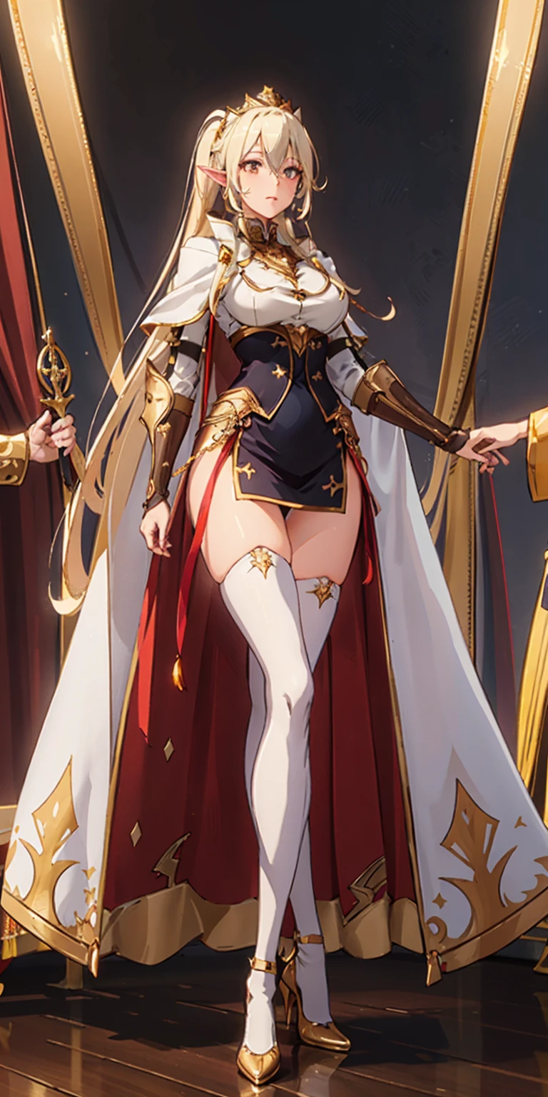 Subject:
Tall, slim-thick high elf woman
Body:
Extremely long hair in a high ponytail
Toned physique with an hourglass figure
Slender abs
Detailed face with defined cheekbones
Shadowed eyes gazing directly at the viewer
Reddened cheeks
Attire:
White thigh-high stockings
Lingerie
Golden breastplate (ornate and regal)
Golden cape (flowing and dramatic)
Golden gauntlets (emphasize strength and nobility)
Gold crown (symbol of royalty)
Shoes:
High heels
Pose:
Confident and alluring stance
Background:
(Plain background)
Style:
Masterpiece (high quality, detailed)