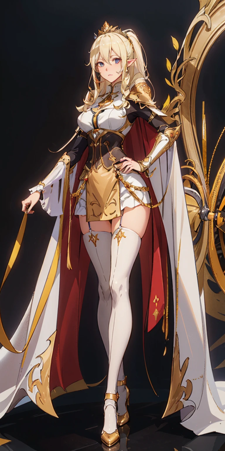 Subject:
Tall, slim-thick high elf woman
Body:
Extremely long hair in a high ponytail
Toned physique with an hourglass figure
Slender abs
Detailed face with defined cheekbones
Shadowed eyes gazing directly at the viewer
Reddened cheeks
Attire:
White thigh-high stockings
Lingerie
Golden breastplate (ornate and regal)
Golden cape (flowing and dramatic)
Golden gauntlets (emphasize strength and nobility)
Gold crown (symbol of royalty)
Shoes:
High heels
Pose:
Confident and alluring stance
Background:
(Plain background)
Style:
Masterpiece (high quality, detailed)