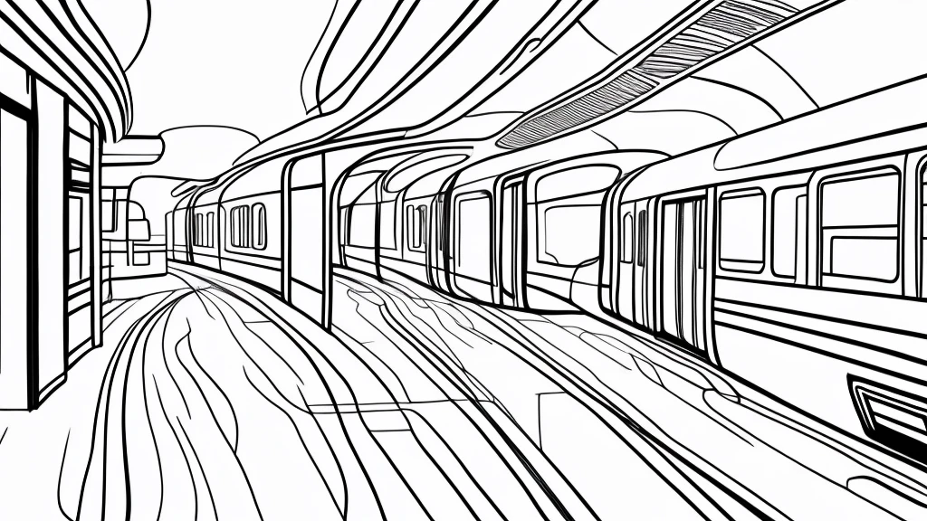 Draft, minimal line drawing, thin, thin lines, train interior
