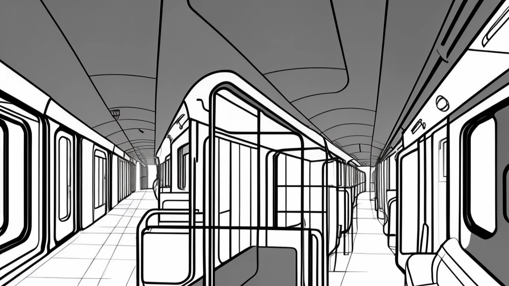 Draft, minimal line drawing, thin, thin lines, train interior
