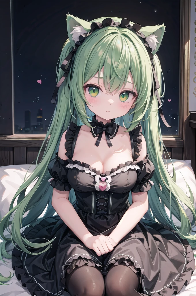 Anime girl, Long Hair, Ponytail, Light Green Hair, Black Eye, Black Princess Dress, Night, Flat Chest, Building ruins, Best Quality, 8K, Realistic Light