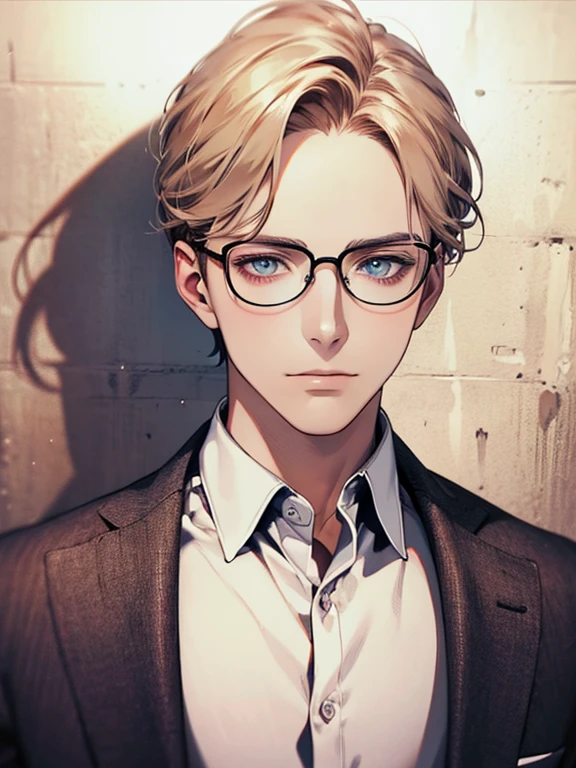 masterpiece, best quality, 1boy, brunette hair, blue eyes, glasses, white shirt, mugshot, wall background, detailed eyes, detailed facial features, realistic and high resolution (best quality, 4k, 8k, highres, masterpiece:1.2)