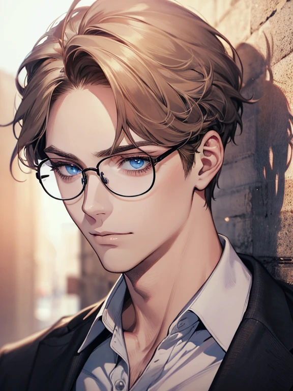 masterpiece, best quality, 1boy, brunette hair, blue eyes, glasses, white shirt, mugshot, wall background, detailed eyes, detailed facial features, realistic and high resolution (best quality, 4k, 8k, highres, masterpiece:1.2)