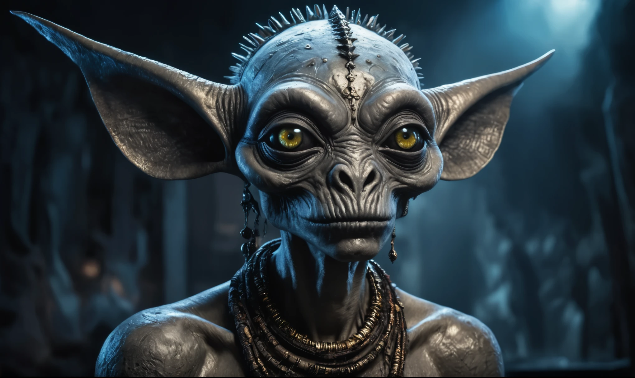 full body length shot,nerd graphite  Alien Entity,native africa slave ,nowadays azctec central city,Cinematic,soft colors, Technicolor,natural skin textures, hyper realism, hyper detailed,Extremely detailed,High contrast,Masterpiece,Realistic,Ultra Detailed, intricate details,realistic humid leather,extremely intricate details,Epic Realistic, cinematic style, irina yermolova,high contrast,hdr,extremely detailed, [deep night landscape],masterpiece, intricate details, eyes extremely detailed, high detailed eyes,8k resolution,retina, Nikon Z9,Korea,orc,Egypt, Pisces, transition between two art styles,full body length, Double contact, X-ray, Creative, vivid light, fantasy, Abstract, Surrealism, super detailed, high resolution,insanity national folk wear,skin  almost translucent, gothic elements, further emphasizing its dark air,Mestichino,Light particles,chaos,starfish's leather,Angkor Wat of Cambodia,"(The best lighting, dark, dramatic),(alien troll half-skull fetus, Hellraiser, Scars, , poison brain, , a rat inside the head, terror.),(fish eyes, calaveras). morning light.

