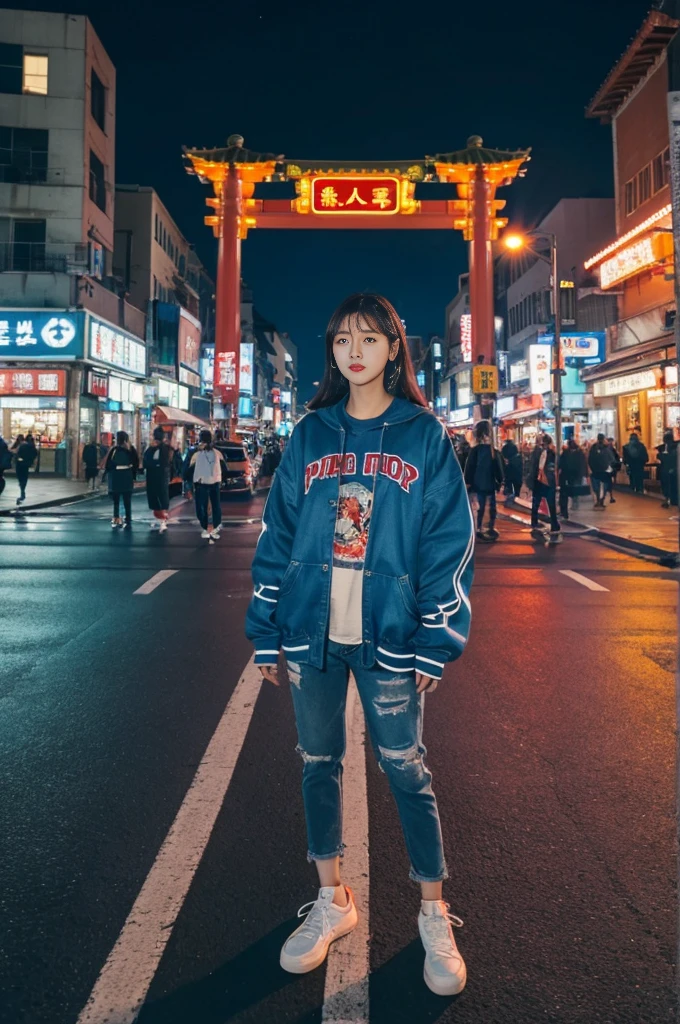 Chinatown Road at night, Yaowarat, There is a Korean female idol who wears hip-hop style clothes., Standing in a cool pose in the middle of the road. night lighting, beautiful, Realistic, K Perspective view from ground to summit. Colorful lights create moving lines.