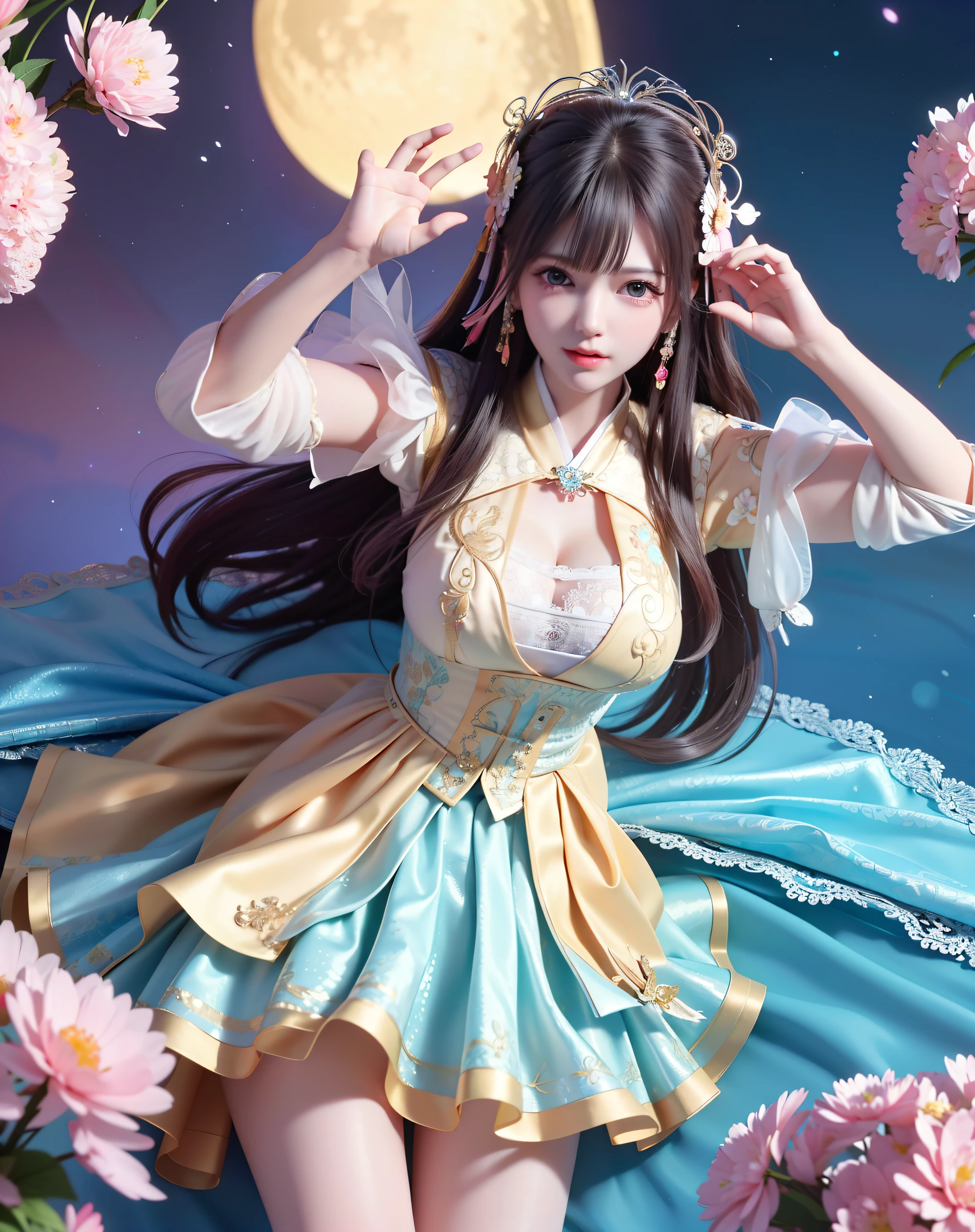 (8k, RAW photo:1.2), best quality, ultra high res,dramatic angle,(fluttered detailed color splashs), (illustration),(((1 girl))),(long hair),(rain:0.9), (Headdress:1.4),There is an ancient palace beside the girl,Hanfu,(Key Points),Color ink painting,(Splash of Color),Splash of Color,(((colorful))),(sketch:0.8) , Masterpiece, best quality, beautiful painted, highly detailed,(denoising:0.6),[splash ink],((ink refraction)), (beautiful detailed sky),moon,highly,detaild,(masterpiece, best quality, extremely detailed） CG Unity 8k Wallpaper，masterpiece，best quality，Ultra Detailed），（Lycoris）.shoulder ballet dress open V-chested clothes Thin silk lace dress short skirt , (huge ，cleavage),, white pink, blue ，best qualtiy，tmasterpiece，Ultra-high resolution，（Reality：1.4），RAW photogr，（True skin texture：1.3），（filmgrain：1.3），（Selfie angle），1个Giant Breast Girl，Beautiful eye and face details，tmasterpiece，Best quality at best，，The chest more exposed， detailed hair, bra pink , detail 8k, full body, lace petticoat. lying on bed