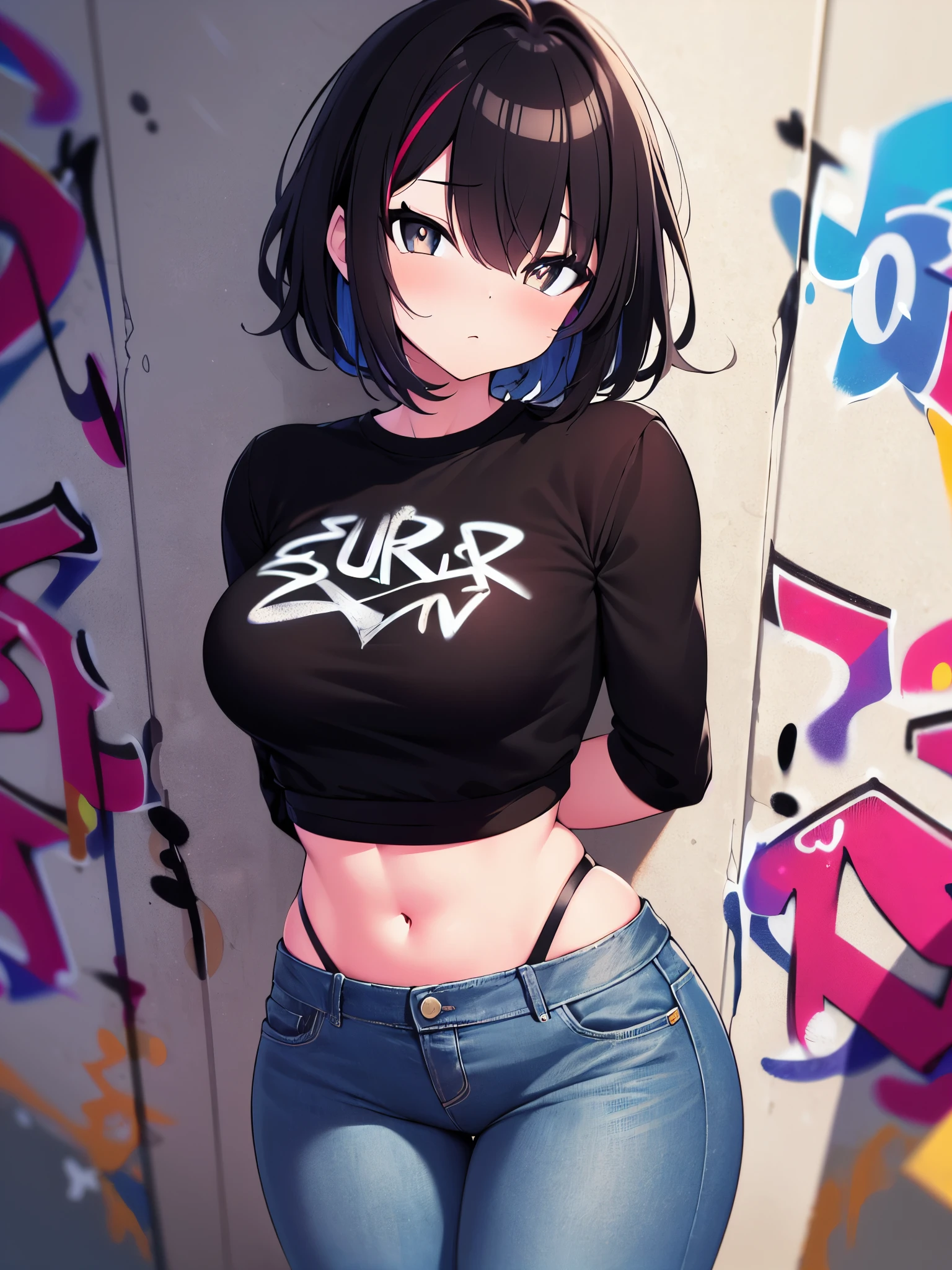 (best quality, ultra-high resolution, depth of field:1.2), 1woman, toned body, black hair, streaked hair, short hair, bangs, medium breasts, black crop top, wide hips, denim jeans, highleg panties, (graffiti:1.4), paint-stained clothes, slouching, against the wall, upturned eyes, head tilt, bored, arms behind back