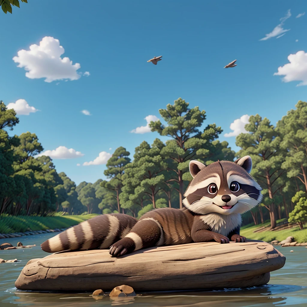 Raccoon lying on the river watching the sky