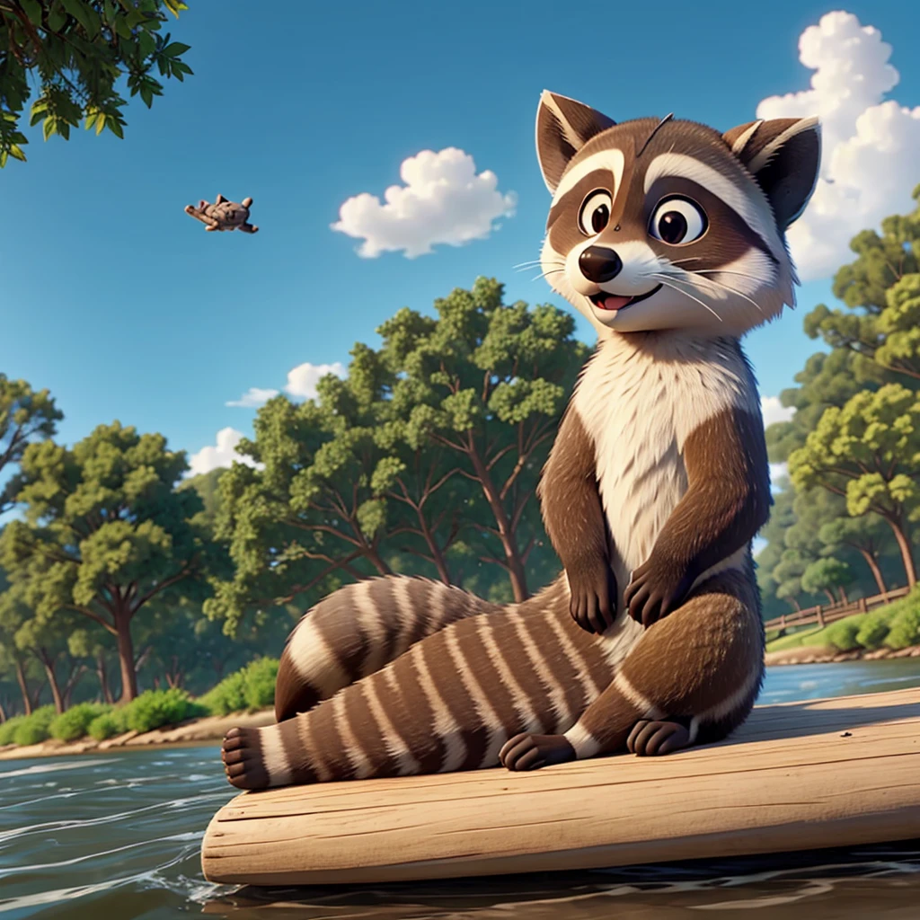 Raccoon lying on the river watching the sky