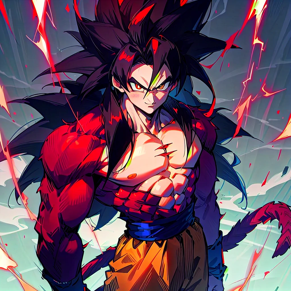 highres, HD quality, (best quality),((masterpiece)), vibrant colors, son goku, son goku gt,1boy,closed mouth, solo, super saiyan 4, dragon ball gt, yellow pants, black boots, blue ribbon, ((some red fur on arms and chest)), red saiyan tail, (very long hair), (red eyeliner),male focus, muscular, muscular male, pectorals, solo, spiked hair,((black hair)), (((pupils))),yellow eyes,standing,spiked hair, red aura, electricity, smile,upper body,arrogante 